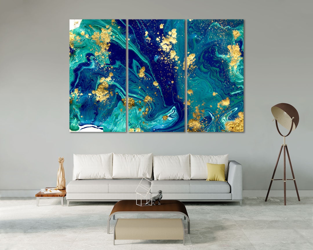 Blue and Gold Abstract Drawing Art Abstract Modern Wall Decor Abstract ...