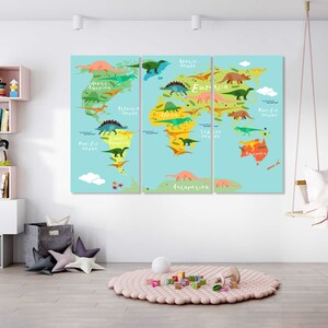 Weltkarte Dino für Kinder Kunst Wand Karte der Tiere Weltkarte Malerei Dekor Dino Karte Druck Leinwand Kunstwerk Kinder Weltkarte moderne Wandkunst