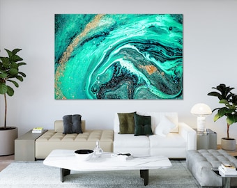 Lienzo abstracto turquesa dorado con textura de mármol moderno