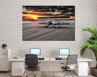 Vintage Biplane Sunset Canvas Print – Aviation Decor for Pilots