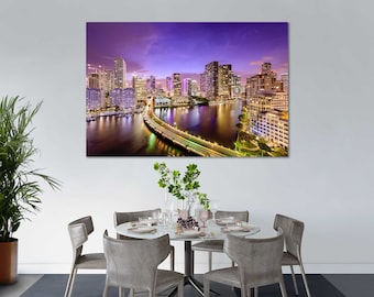 Miami Skyline Leinwanddruck, moderne Florida Wandkunst für Wohnzimmer, Büro, Schlafzimmer