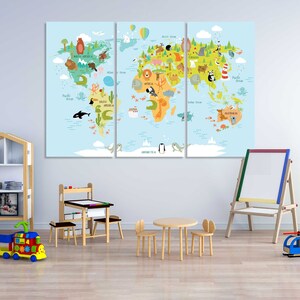 Carte du monde animalier créatif, oeuvre d'art murale, carte du monde animalier, décoration murale pour la maison, carte du monde des enfants, ensembles d'oeuvres d'art sur toile, carte du monde des enfants, oeuvre d'art originale