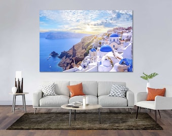 Santorini Cityscape Photography Print – Greece Travel Wall Art | Aegean Sea Landscape Poster, Blue Domes Panorama Artwork