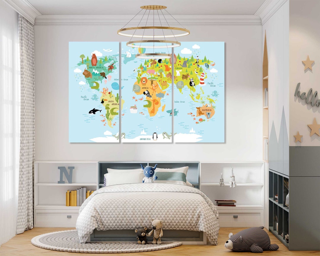 Kids World Map Canvas Print – Educational Animal Geography, Nursery ...