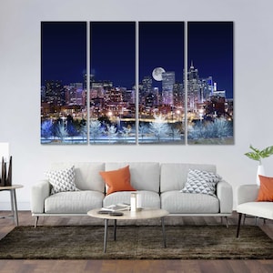 Denver City at Night Denver Art Printing on Canvas Denver Trendy Wall Art Colorado Decor Interior Colorado Large Print Decor