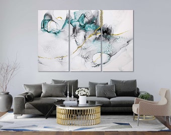 Marble Abstract Canvas Print: Teal & Gold Accent Wall Decor