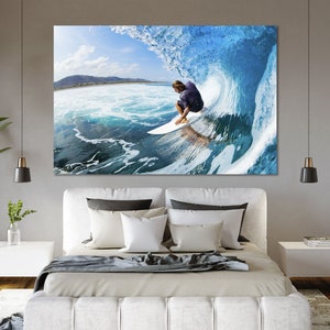 Surfing Wall Art Gallery Wrapped Canvas for Bedroom, Big Wave Nautical Decor