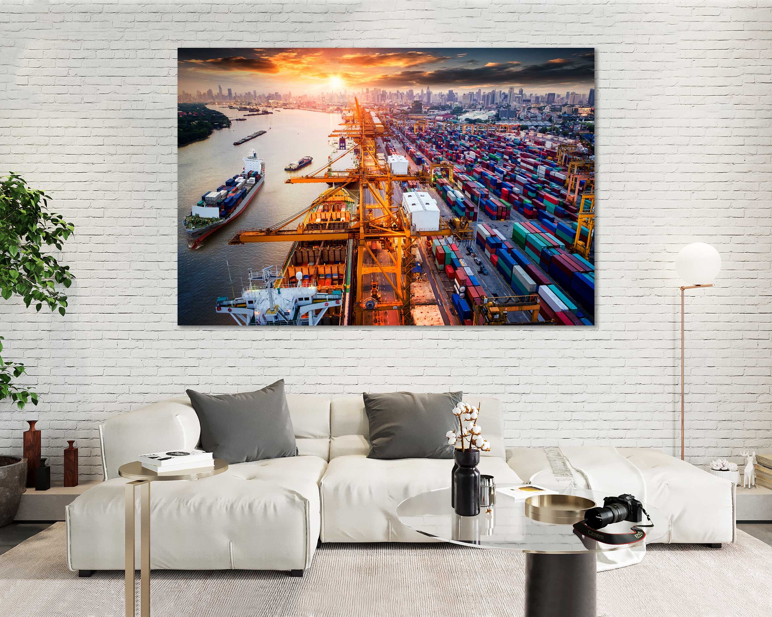 送料込】海外作家 M.Minov？ 油彩画 港風景 額装 大型 インテリア 送料