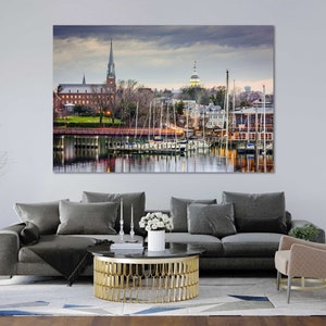Annapolis Maryland Harbor Canvas – Nautical Coastal Wall Art with Historic Skyline, Boats and Capitol Dome for Classic Interiors