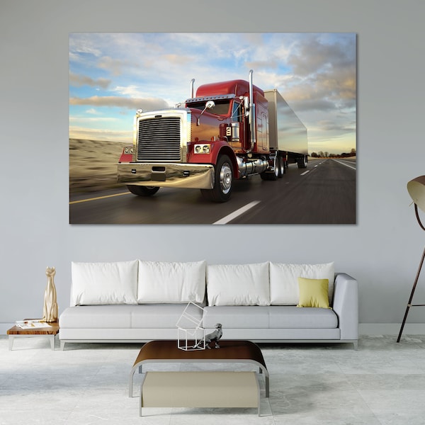 Roter LKW Moderne Kunst Wand Trucker Malerei Wanddekor Logistische Transporte Druck Leinwand Kunst Lastwagen Kunstwerk LKW auf der Straße Wohnkultur Wand