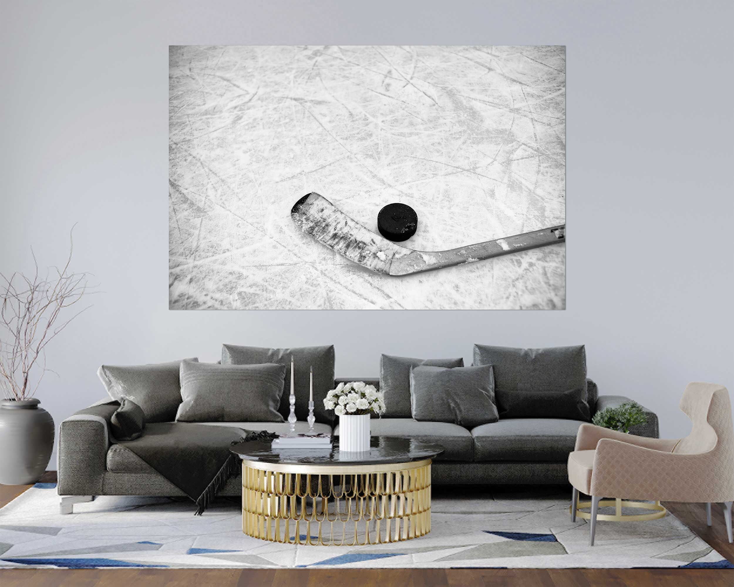 Déco Murale Hockey Sur Glace - Toile Ou Papier Peint Avec Bâton Et Rondelle - 5 Pièces, Neuf