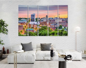 Lynchburg Skyline Gallery Wrapped Canvas Wall Art, Virginia Cityscape Sunset Print
