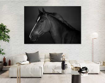 Zwart-wit paard fotografieprint – Elegante muurkunst boerderij