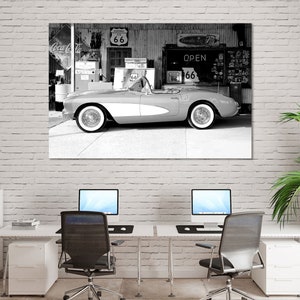Classic Chevrolet Corvette Print – Vintage Route 66 Wall Art | Retro Car Photography Poster, American Road Trip Nostalgia Artwork
