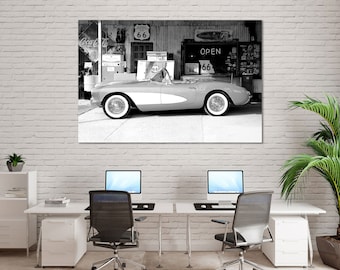 Black and White Corvette Canvas Print Route 66 Vintage Car Art