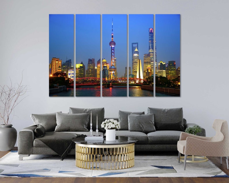 Shanghai Night Cityscape Print Decor Shanghai Contemporary Wall Arts Shanghai Creative Art for Home Shanghai Painting Arts Wall China Photo