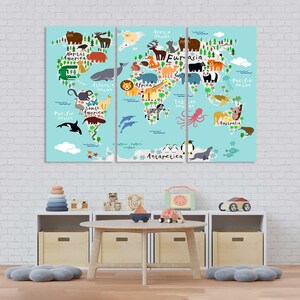 Décoration originale de carte du monde d'enfants pour chambre d'enfants, carte du monde des animaux, art du voyage, carte murale des animaux, décoration artistique encadrée, impression d'art sur toile
