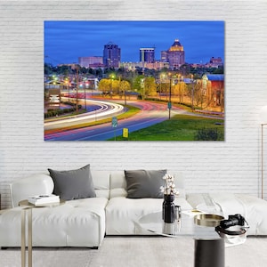 Greensboro NC Canvas Print – Night Skyline Wall Art Featuring Light Trails and Downtown Cityscape – Urban Photo Art for Home or Office Decor