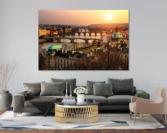 Prague Bridges Canvas Print, Downtown Czech Republic Wall Art