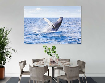 Humpback Whale Canvas Print, Ocean Wall Art, Breaching Marine Wildlife Photography