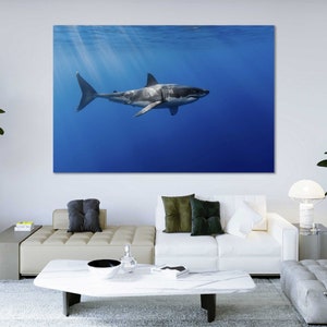 Arte de parede original de tubarão, impressão de tubarão em tela, decoração, arte subaquática de tubarão para parede, pintura de tubarão, decoração, foto de tubarão no mar, arte de tubarão