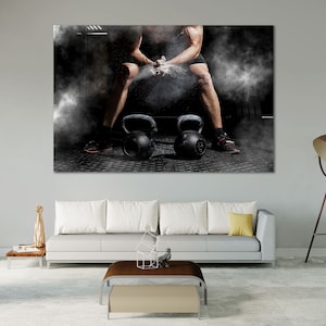 Crossfit Gym Wall Art – Powerful Fitness Photography Print with Kettlebells & Chalk for Home Gym, Trainer Studio or Workout Room
