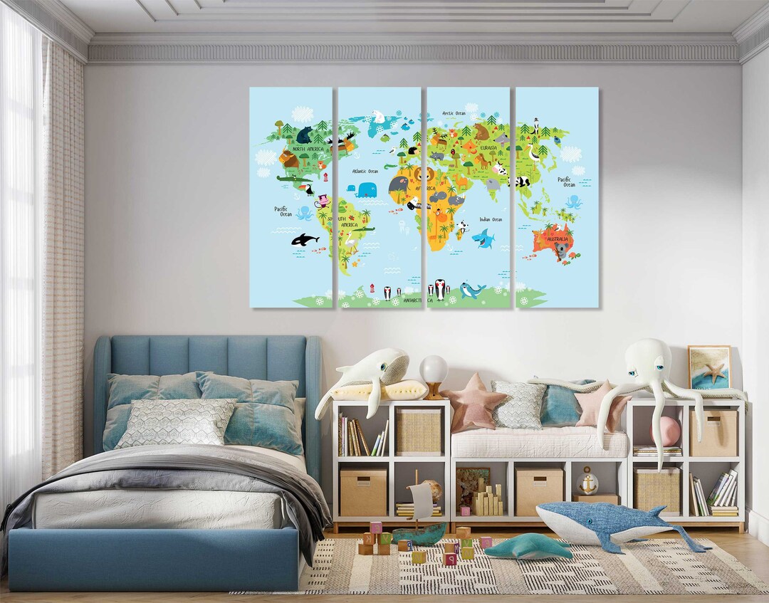 Kids World Map With Animal Wall Decor Animal World Map Trendy Art Wall ...