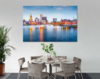 Canvasprint Providence Rhode Island Skyline – Muurkunst stadsgezicht aan het water