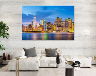 Manhattan Skyline Canvas Print, NYC Dusk Panorama Wall Art