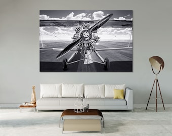 Airplane Wall Art, Vintage Aviation Canvas Print, Black and White Propeller Decor