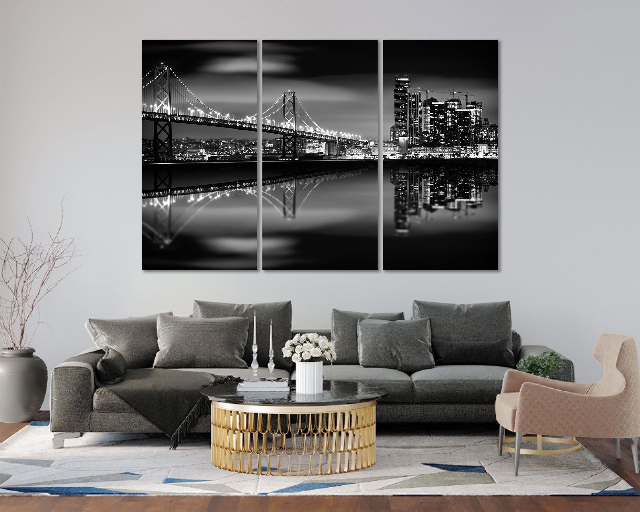 Japan Rdm Background Drawing サンフランシスコ橋のキャンバスプリント、白黒の夜景、モダンなウォールアート - Etsy 日本
