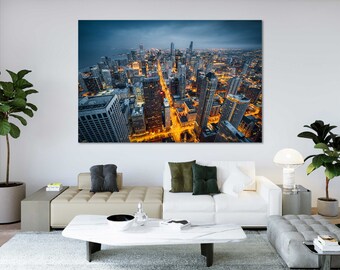 Chicago Cityscape Photography Print – Downtown Illinois Skyline, Night Lights