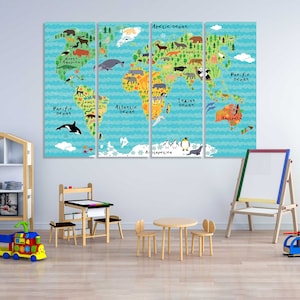 Stilvolle Kinder Weltkarte Malerei Wandkunst Tier Karte Design Kunst für Zuhause Kinder Karte Schlafzimmer Wandkunst Dekor Kinder Welt Reisekunst Wanddekor