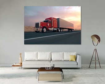 Office Wall Decor Semi Truck Canvas Print, Red Freightliner Sunset
