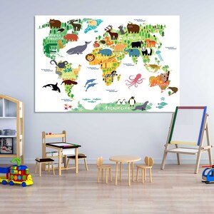 May include: A colorful world map illustration featuring cartoon animals and continents. The map includes North America, Eurasia, Africa, and Antarctica, with various animals like bears, whales, and zebras. The map is displayed in a child's playroom.