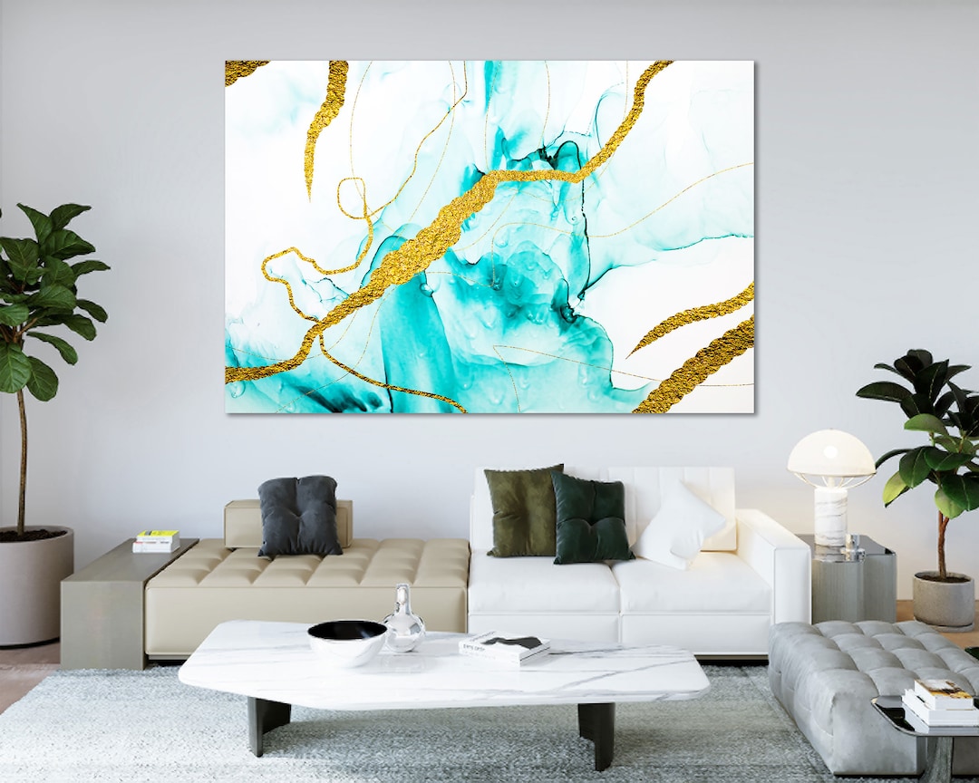 Teal and Gold Abstract Canvas Print – Modern Marble Wall Art - Etsy