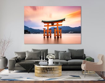 Mountain Sunset Hiroshima Torii Gate Canvas Print, Japan Wall Art for Office