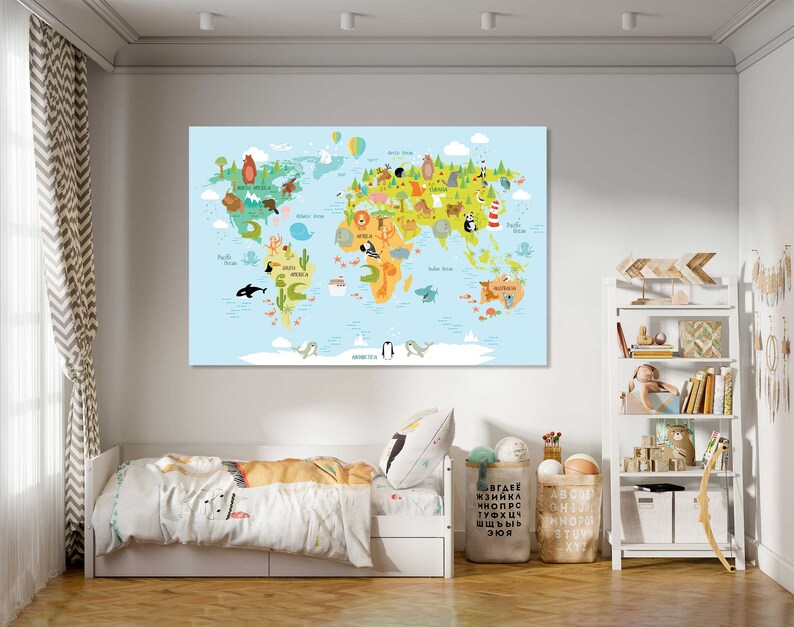 Kids World Map Canvas Print – Educational Animal Geography, Nursery ...