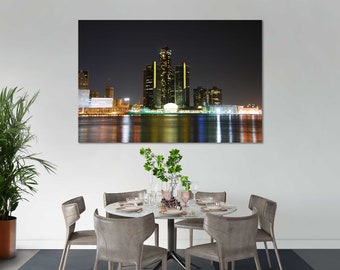 Detroit Skyline Night Canvas Print – Michigan Cityscape Wall Art