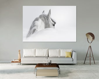 Stampa su tela di cavallo bianco, fotografia equina in bianco e nero, arte murale extra large