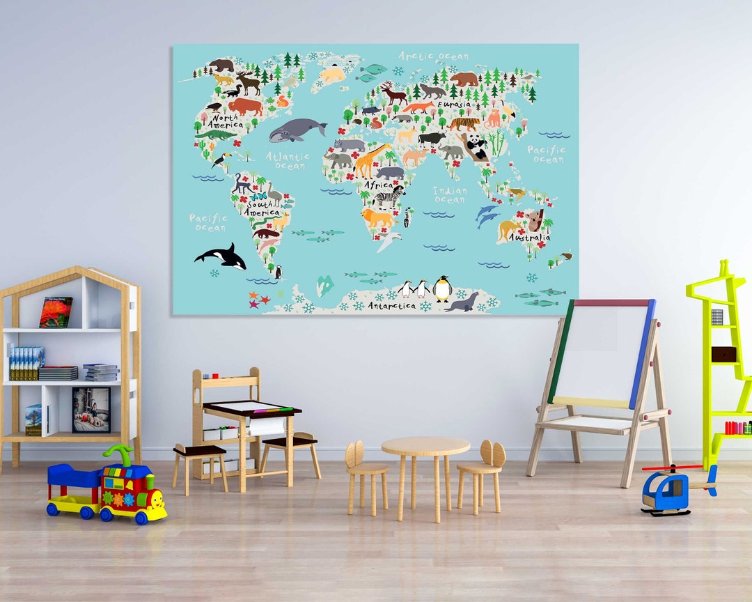 Animal World Map for Kids Room Animal Map Art Canvas Print Kids Map ...