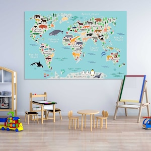 Karte der Tiere für Kinderzimmer Karte der Tiere, Weltkarte Kunst Leinwand Druck Karte der Tiere Großes Kunstwerk für Wände Karte der Kinder Wandkunst Karte des Kinderzimmers Geschenke für Kinder