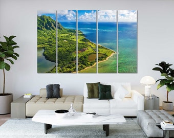 Impresión en lienzo de la costa de Hawái, arte mural con paisaje marino aéreo de Oahu