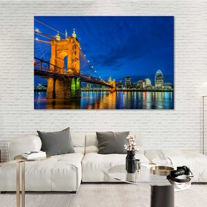 Cincinnati City at Night Wall Decor Cincinnati Framed Artwork for Living Room Cincinnati Wall Canvas Decor Ohio House Artwork Bridge Print