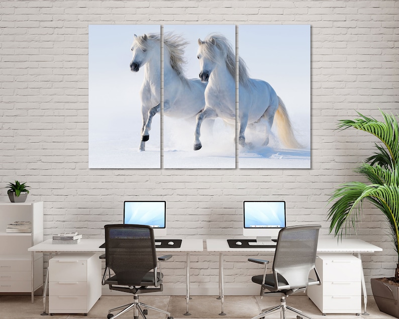 May include: Two white horses running through a snowy field. The horses are running side by side, with their manes flowing in the wind.