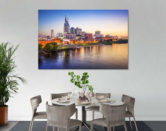 Nashville Skyline Print Canvas – Pejzaż miejski w Tennessee, odbicie w nocy