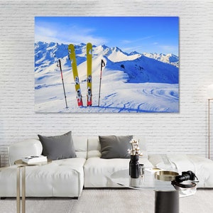 Ski Mountain Canvas Wall Art – Snowy Alpine Landscape with Skis and Poles for Winter Sports Lovers, Lodge, Cabin or Home Decor