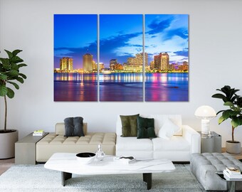 New Orleans Skyline Canvas Print – Louisiana Night Photography, River Reflection