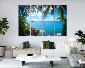 Tropical Island Canvas Print: Palm Trees & Blue Ocean Skyline