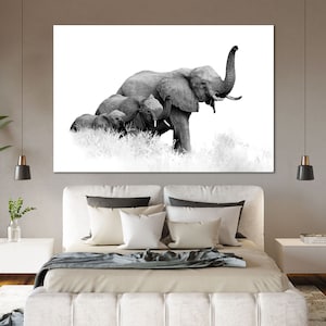 Elephant Family Wall Art – Black and White Wildlife Photography Print | African Safari Poster | Nature and Animal Lover Home Decor